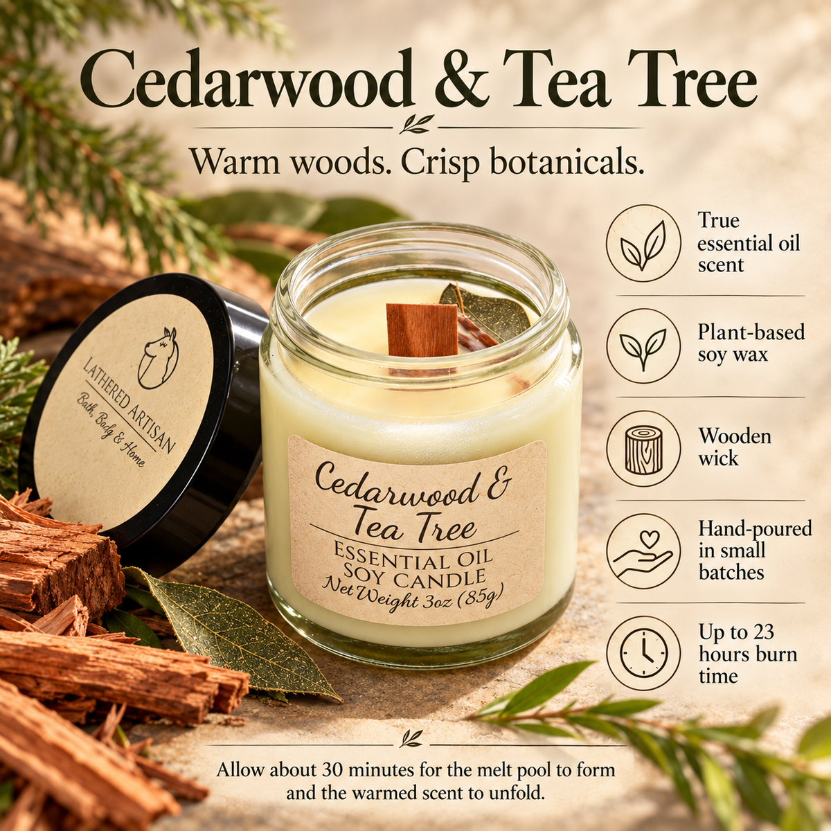 Vela de aceite esencial de cedro y árbol de té