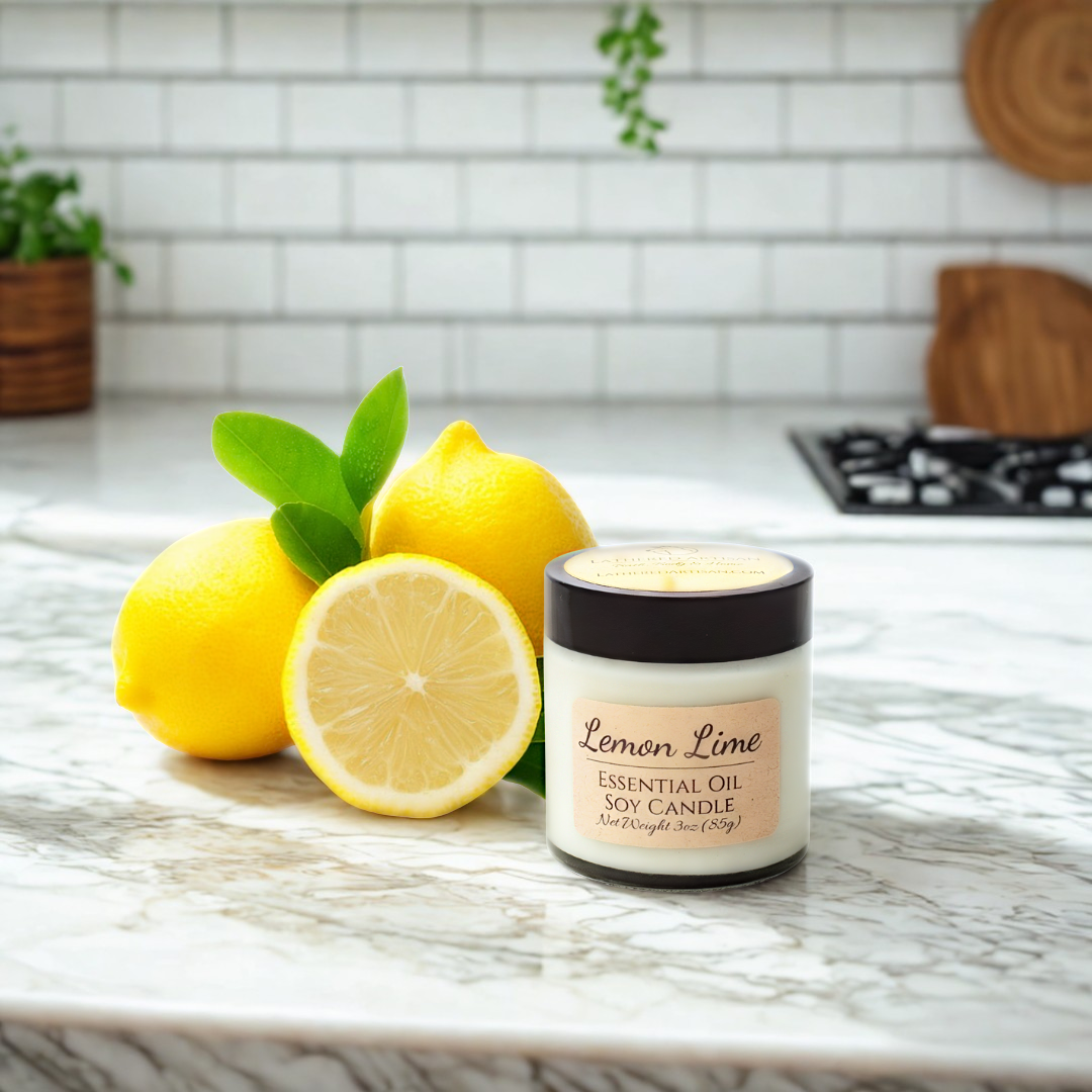 Vela de aceite esencial de limón y lima con mecha de madera