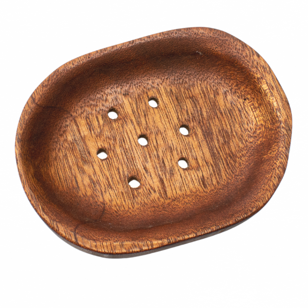 Jabonera de madera natural con forma de flor de caoba