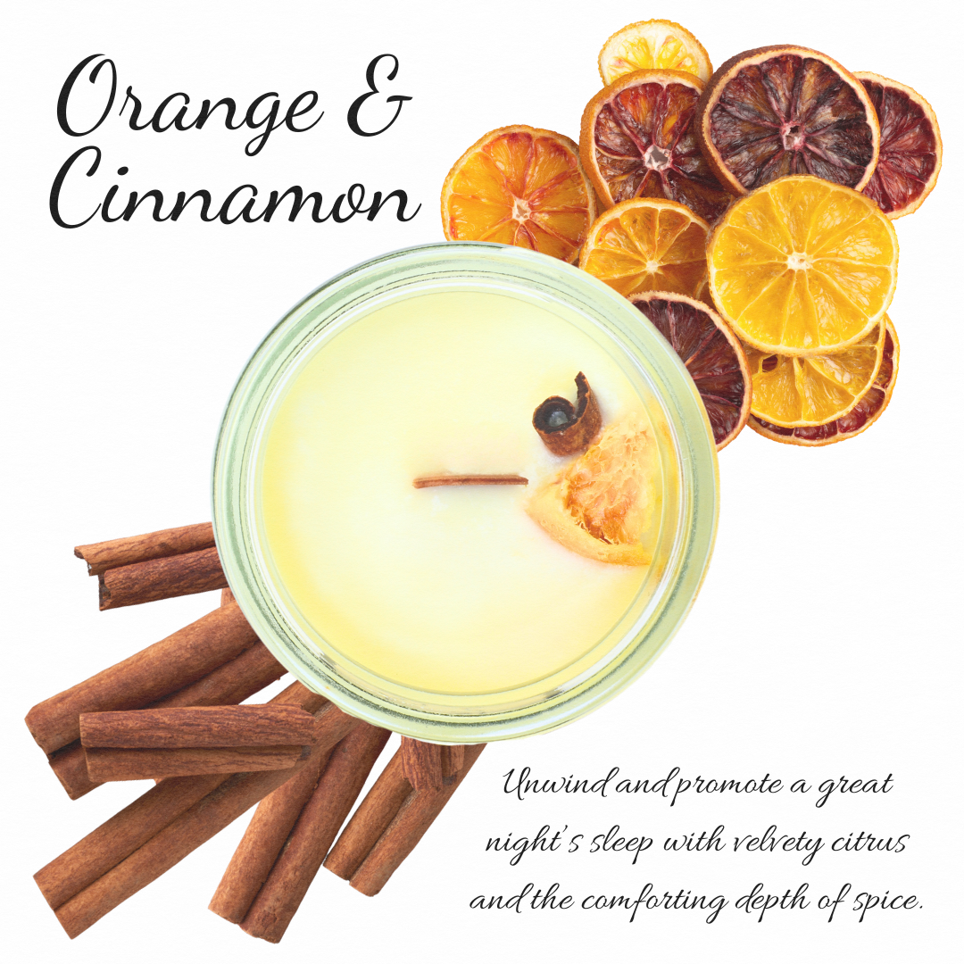 Bougie 100% soja à l'huile essentielle d'orange et de cannelle avec mèche en bois