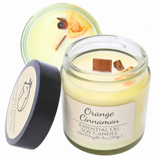 Vela de aceite esencial de naranja y canela 100 % soja con mecha de madera
