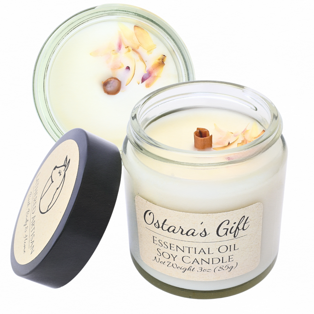 Vela de soja con aceite esencial y mecha de madera de Ostara's Gift